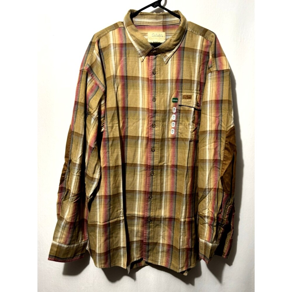 Cabelas Outfitter Series Mens 3XL Tall Plaid Flannel Shirt Suede Elbow Patches
